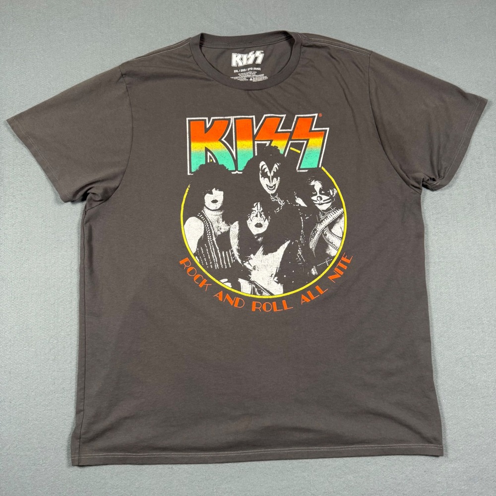 KISS‎ Rock and Roll All Nite Graphic T-Shirt Mens 2XL Charcoal Gray Rainbow Logo